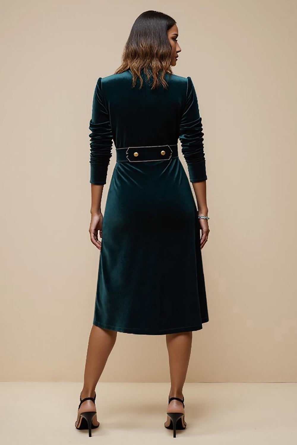 Velvet Sheath Peacock Blue V-Neck Work Dress