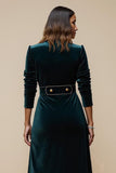 Velvet Sheath Peacock Blue V-Neck Work Dress