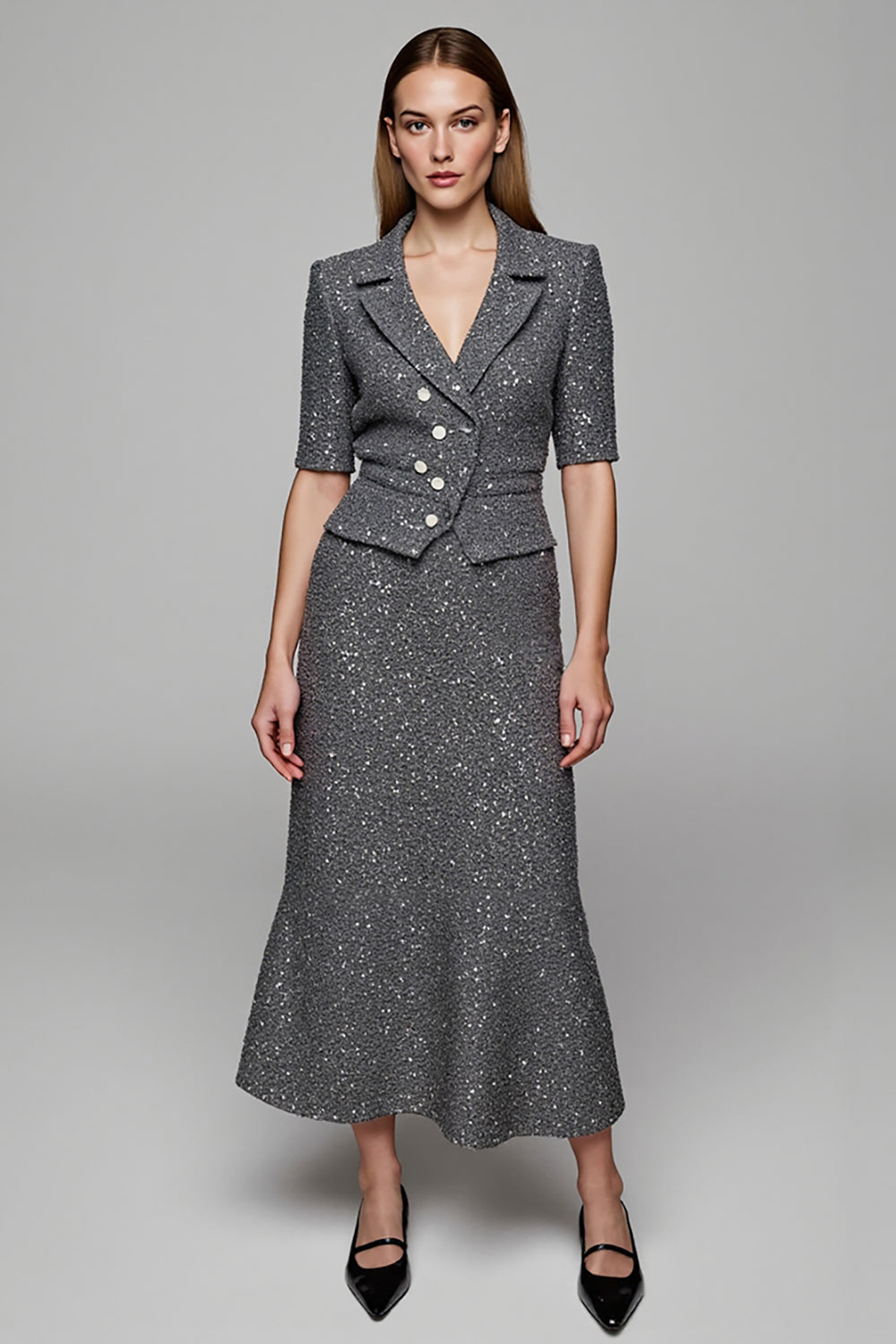 Sparkly Dark Grey 2-Piece Sheath Work Dress