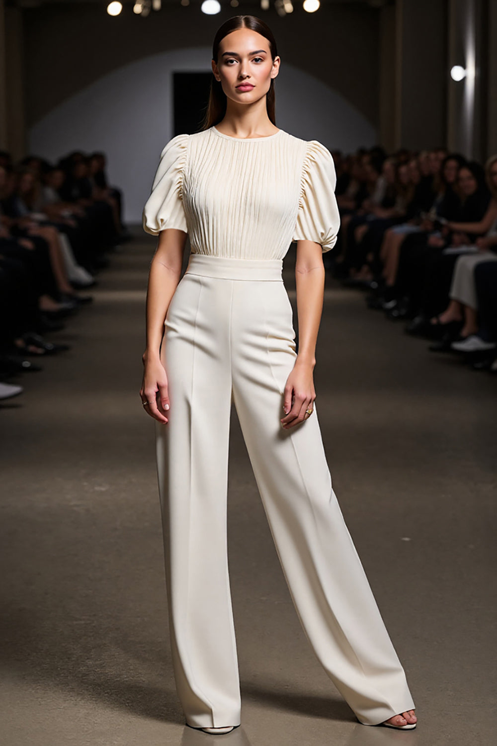 Ivory Slim Fit Work Jumpsuits with Puff Sleeves