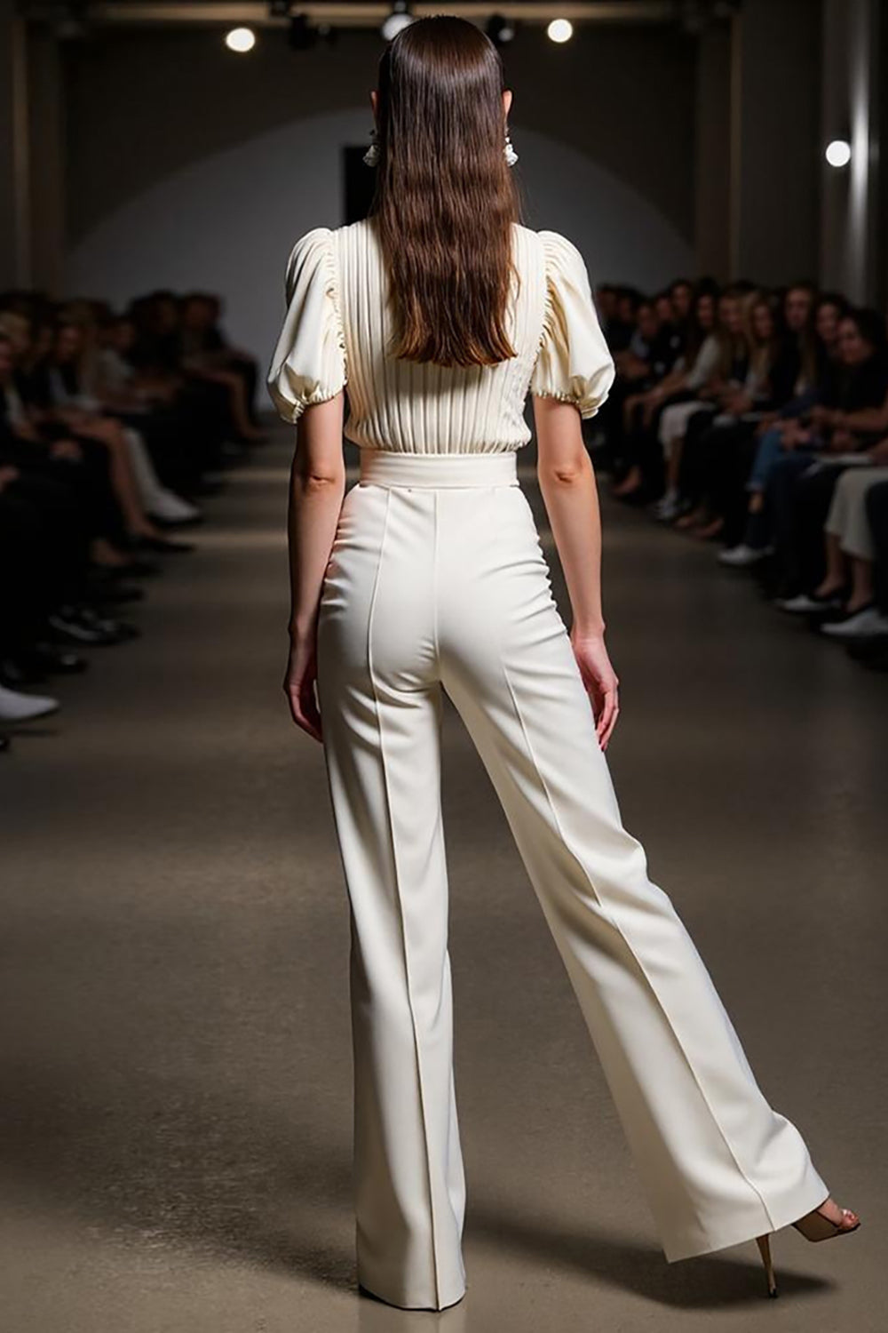 Ivory Slim Fit Work Jumpsuits with Puff Sleeves