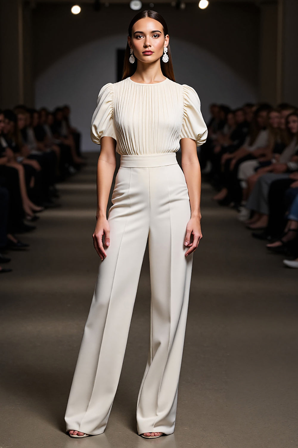 Ivory Slim Fit Work Jumpsuits with Puff Sleeves