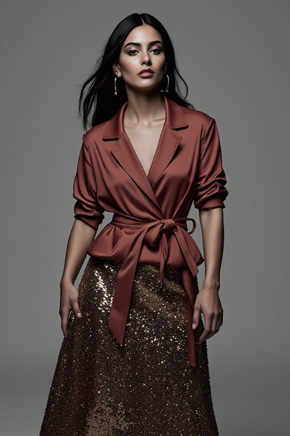 2-Piece Red Notched Lapel Work Dress with Sequins