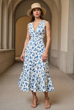 Floral White Blue Printed Wedding Guest Dress with Ruffles