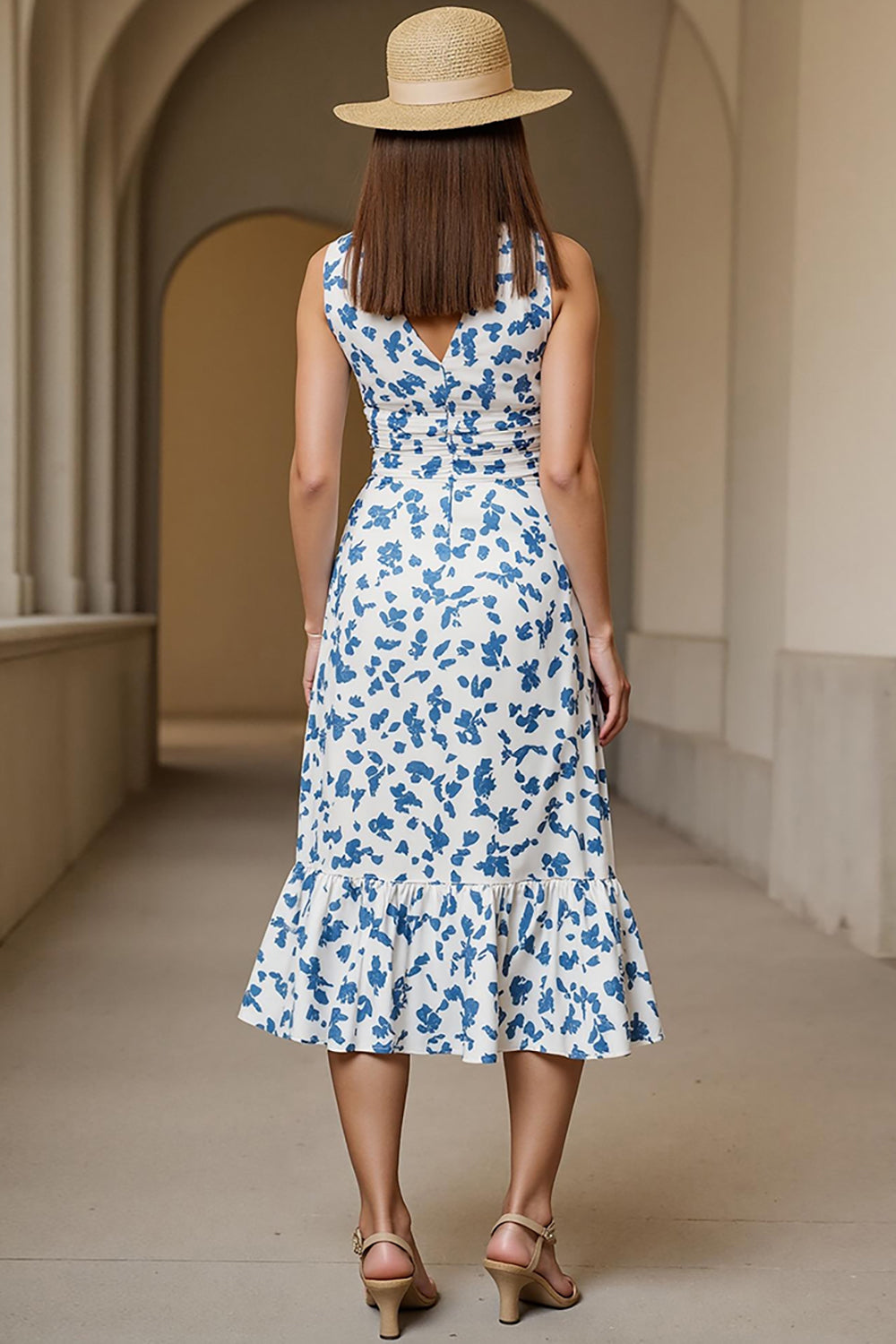 Floral White Blue Printed Wedding Guest Dress with Ruffles