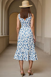 Floral White Blue Printed Wedding Guest Dress with Ruffles