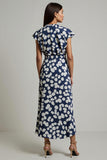 White Blue Printed A Line Wedding Guest Dress with Slit