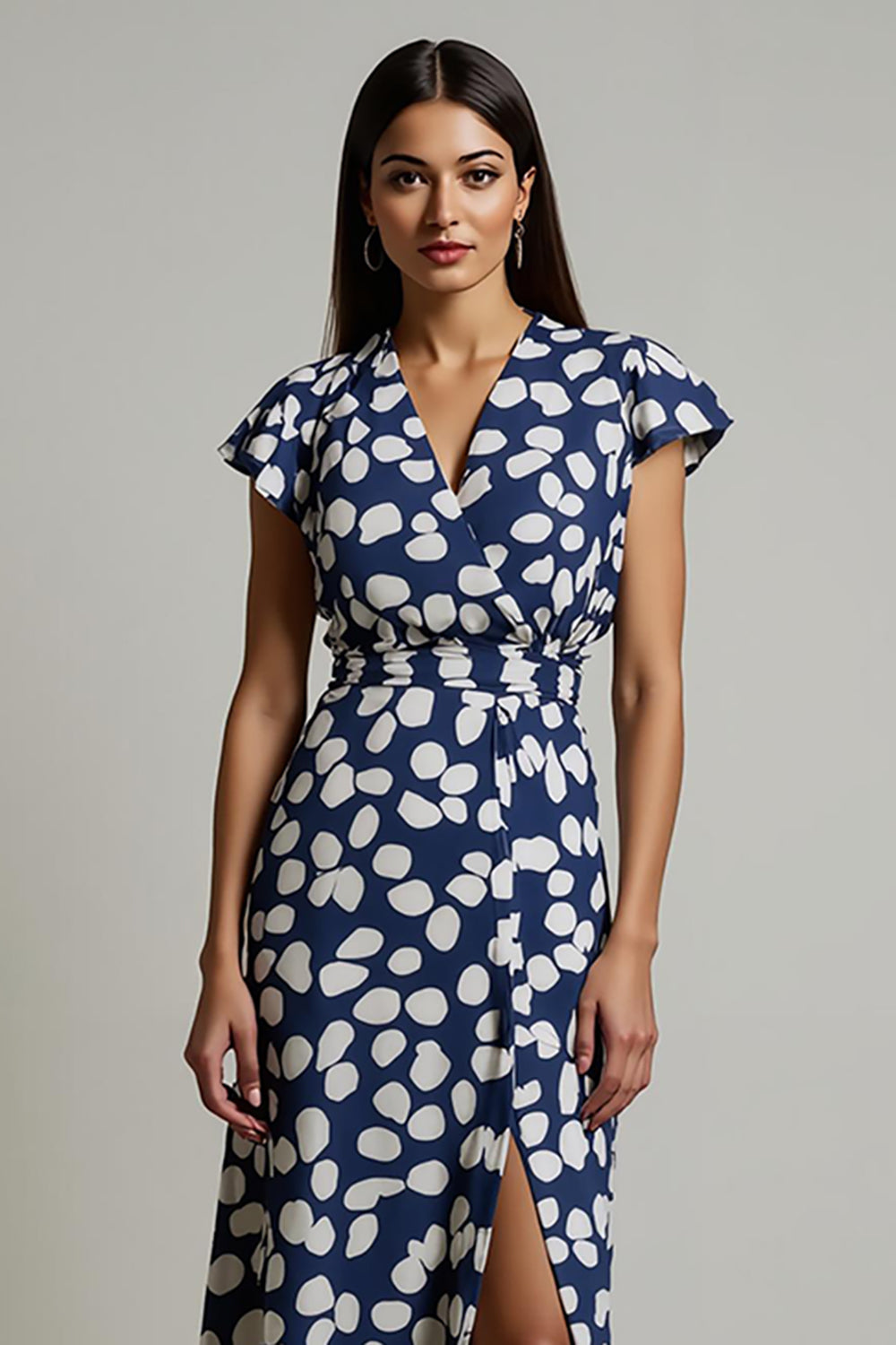 White Blue Printed A Line Wedding Guest Dress with Slit