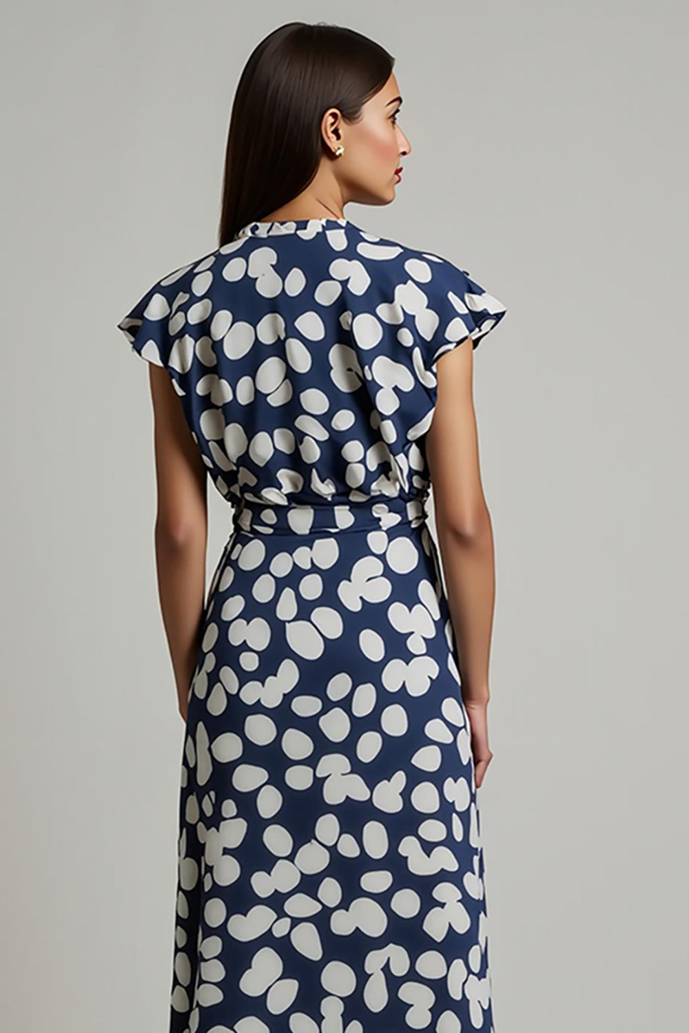 White Blue Printed A Line Wedding Guest Dress with Slit