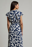 White Blue Printed A Line Wedding Guest Dress with Slit