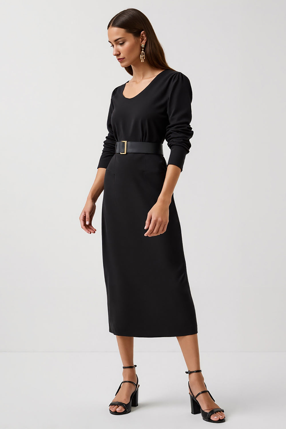 Sheath Black Scoop Neck Work Dress with Belt