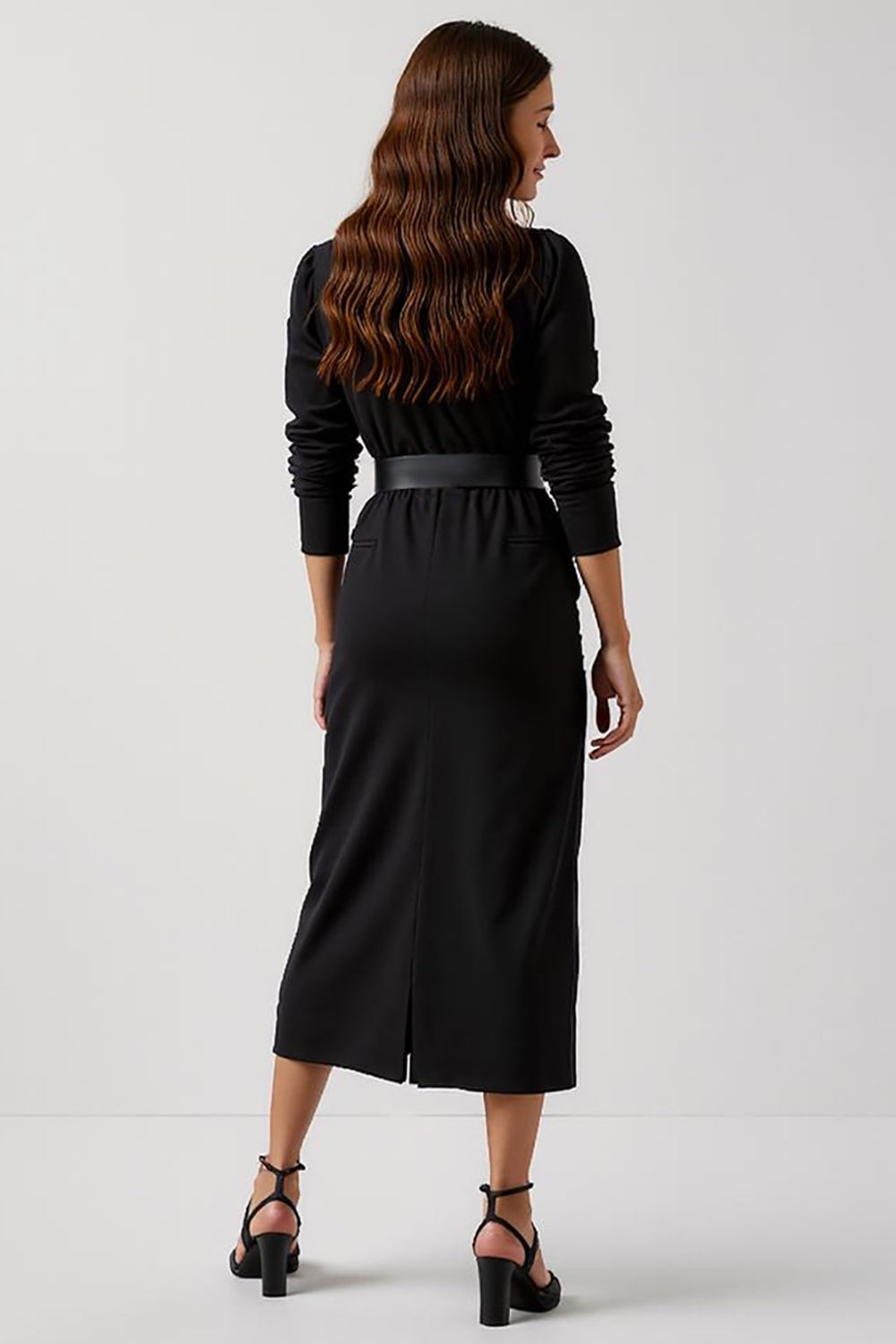 Sheath Black Scoop Neck Work Dress with Belt