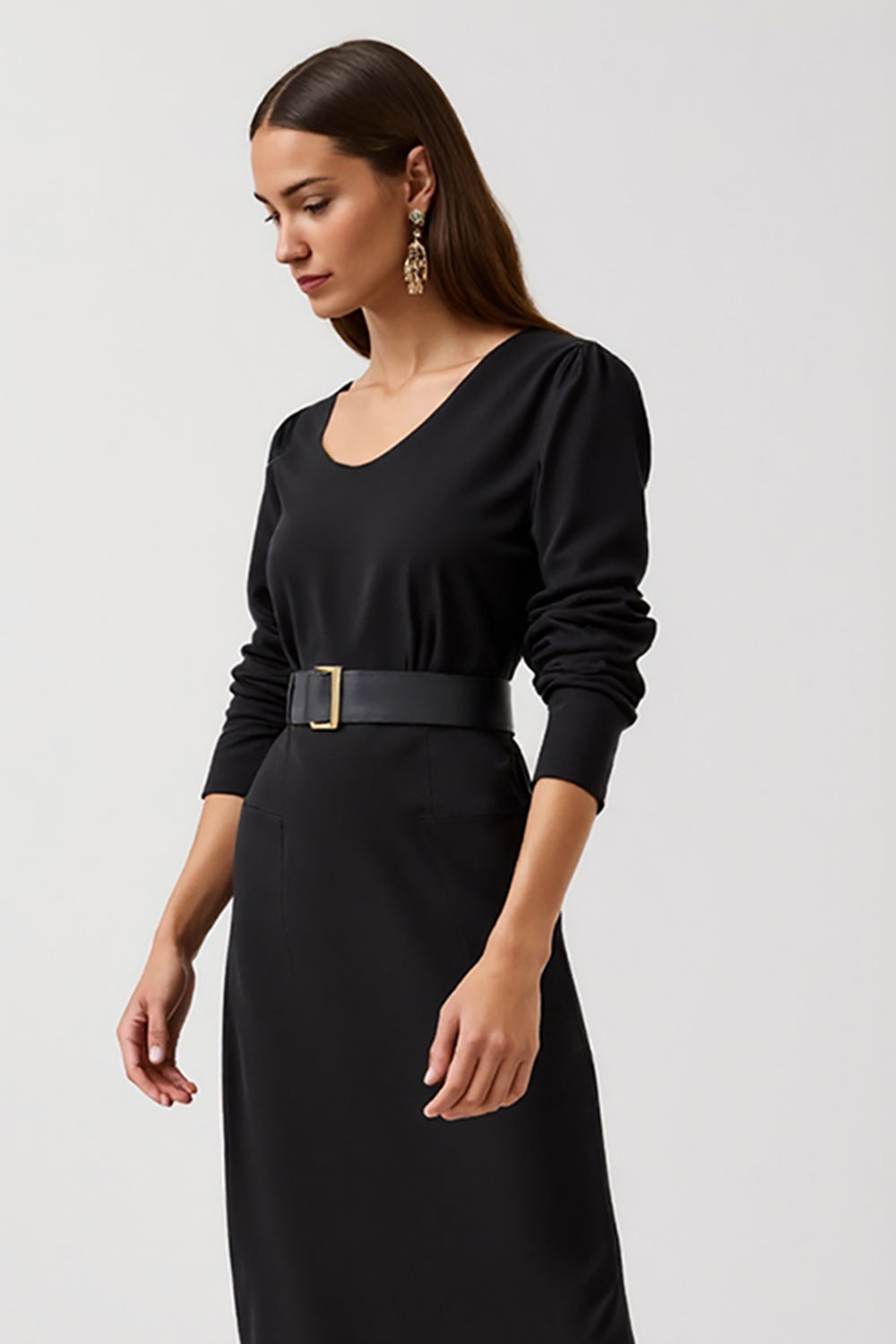Sheath Black Scoop Neck Work Dress with Belt