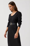 Sheath Black Scoop Neck Work Dress with Belt