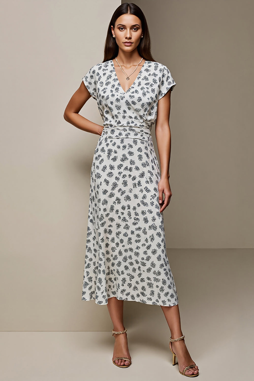 Floral White Blue V-Neck Printed Wedding Guest Dress