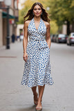 Halter Polka Dots White Blue Printed A Line Midi Dress