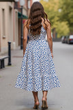 Halter Polka Dots White Blue Printed A Line Midi Dress