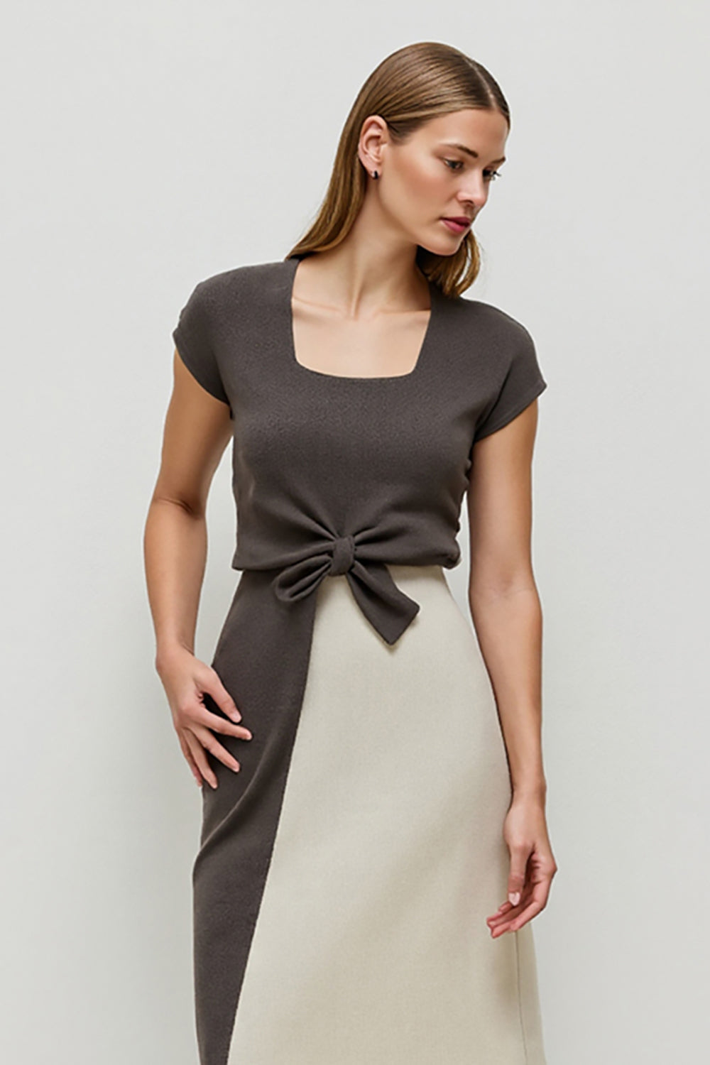 Coffee Sheath Midi Work Dress with Cap Sleeves