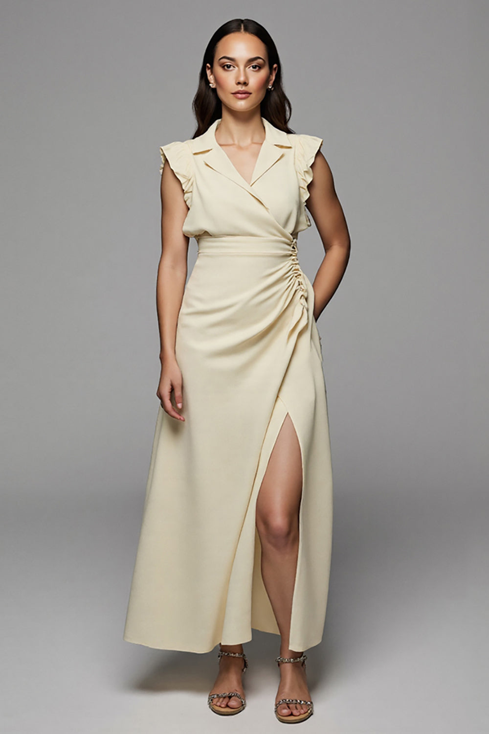Apricot A Line V-Neck Maxi Work Dress with Silt