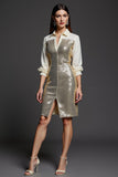 Sparkly Golden Sheath Midi Work Dress with Silt