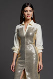 Sparkly Golden Sheath Midi Work Dress with Silt