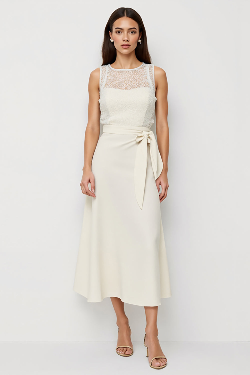 Illusion Neck A Line White Midi Work Dress with Sash