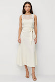 Illusion Neck A Line White Midi Work Dress with Sash