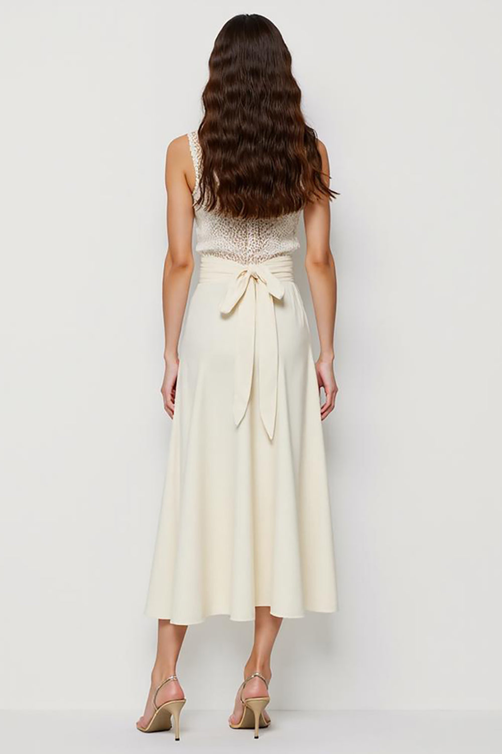 Illusion Neck A Line White Midi Work Dress with Sash