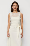 Illusion Neck A Line White Midi Work Dress with Sash