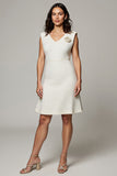 White A Line V-Neck Work Dress with 3D Flower