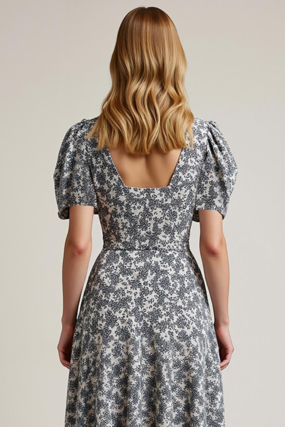 White Black Flower Puff Sleeve A Line Wedding Guest Dress