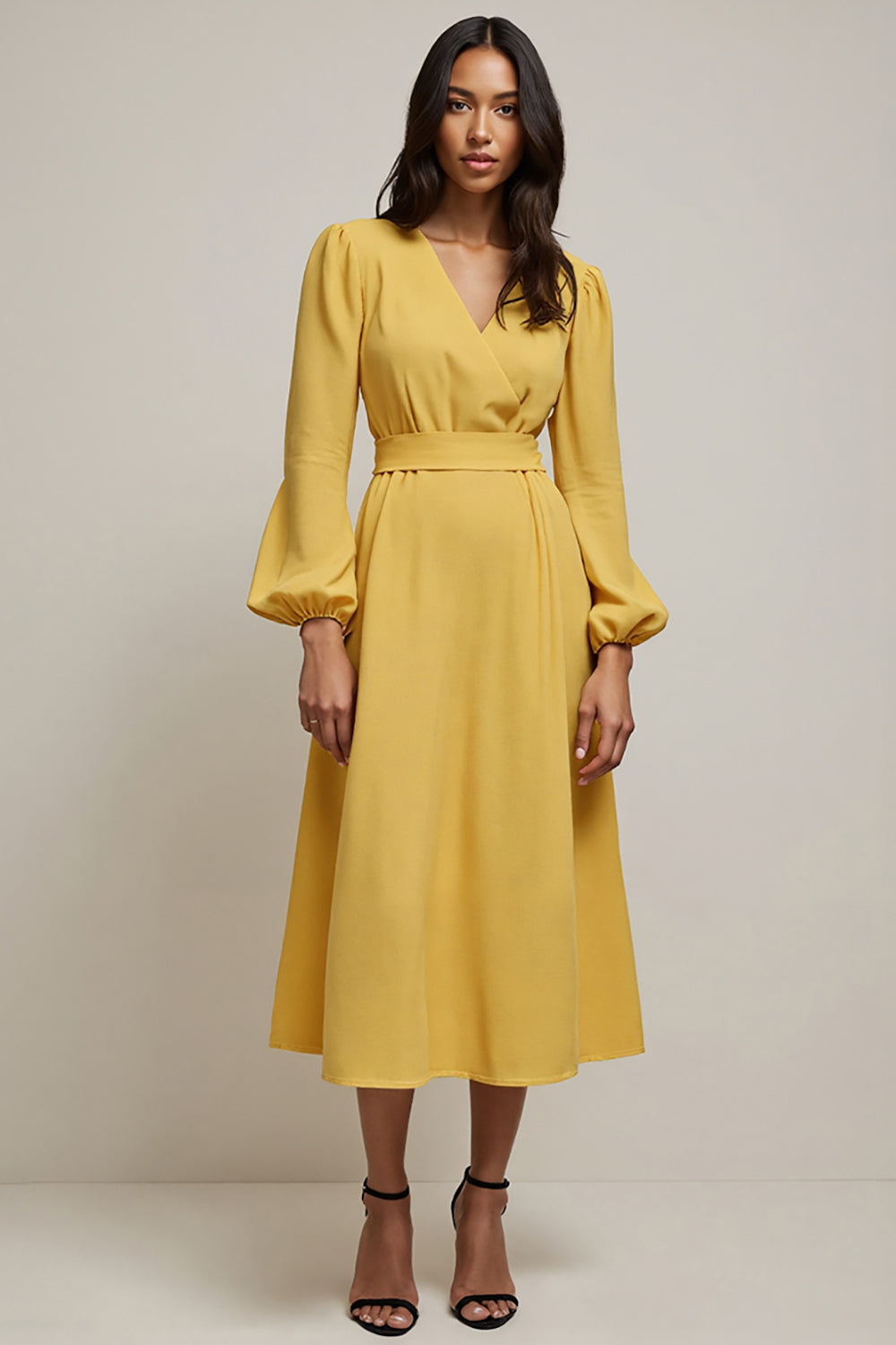 Yellow A Line Long Sleeve Wedding Guest Dress