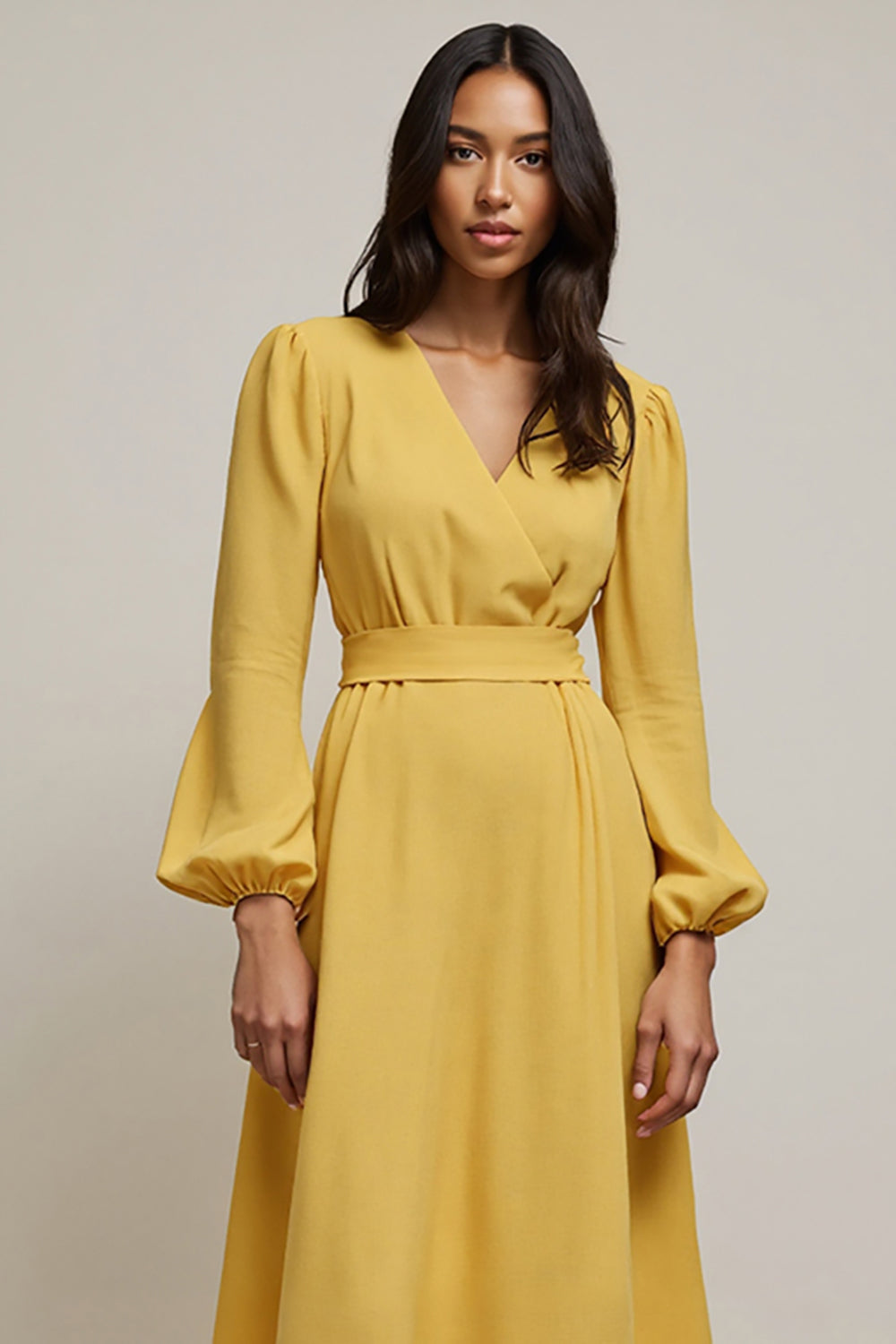 Yellow A Line Long Sleeve Wedding Guest Dress