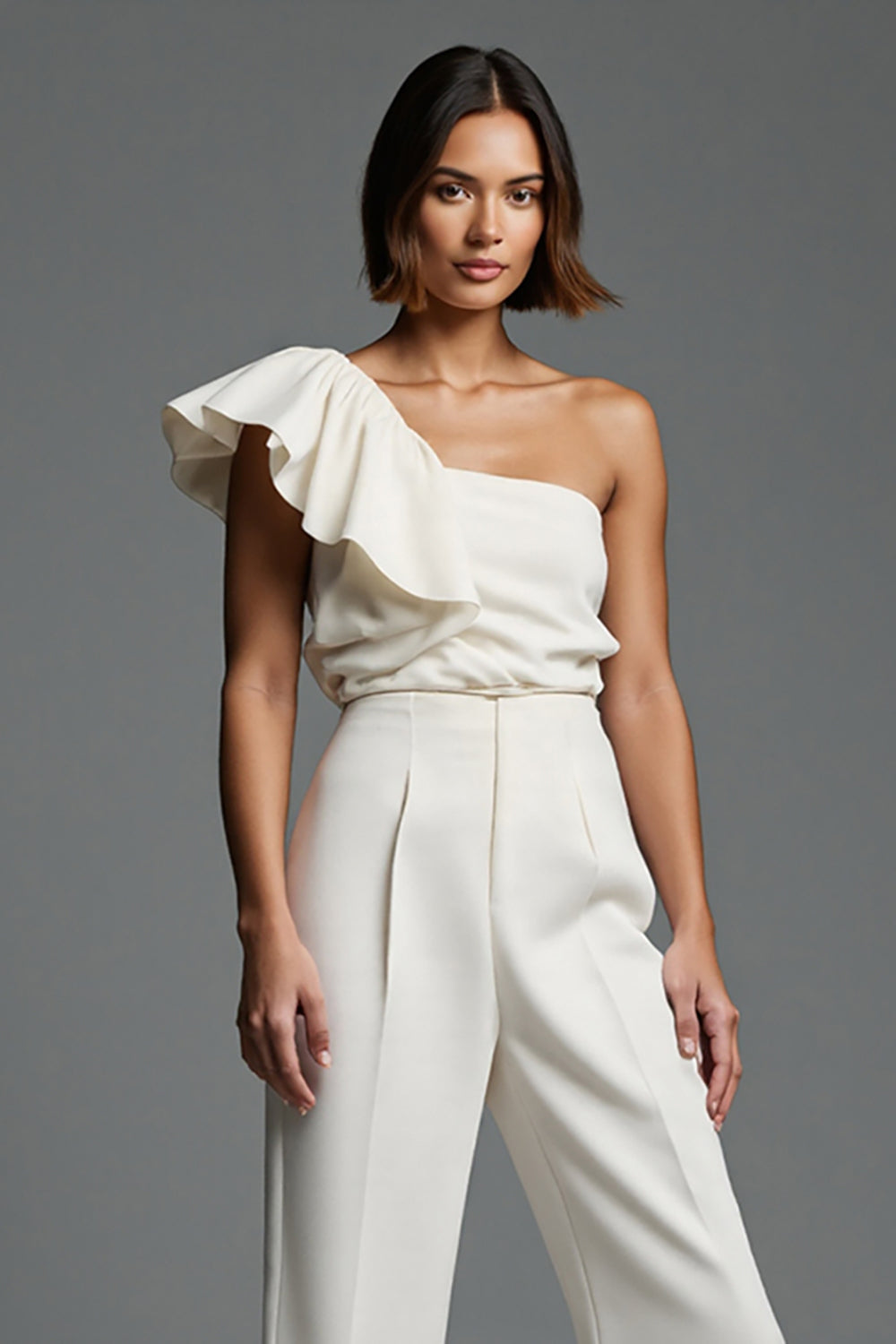 One Shoulder Ivory Ruffled Work Jumpsuits