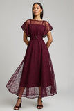 Illusion Neck Burgundy Tulle A Line Wedding Guest Dress