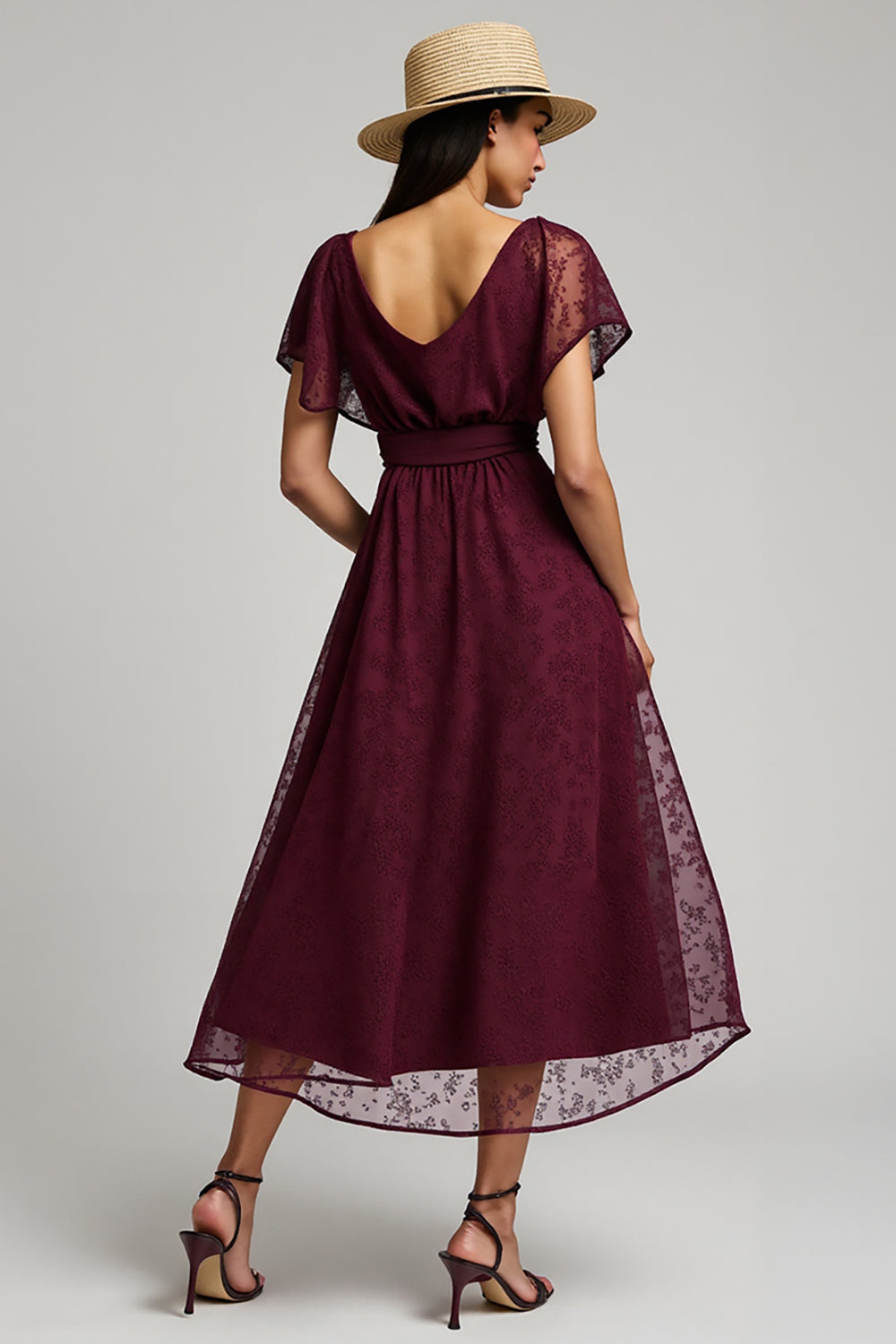 Illusion Neck Burgundy Tulle A Line Wedding Guest Dress