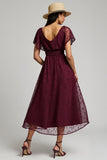 Illusion Neck Burgundy Tulle A Line Wedding Guest Dress