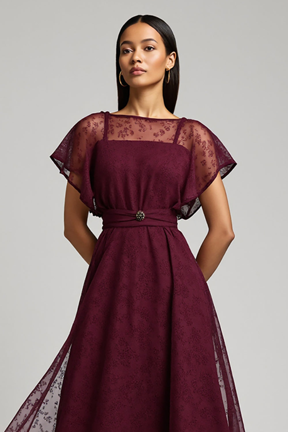 Illusion Neck Burgundy Tulle A Line Wedding Guest Dress