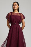 Illusion Neck Burgundy Tulle A Line Wedding Guest Dress