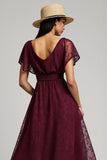 Illusion Neck Burgundy Tulle A Line Wedding Guest Dress