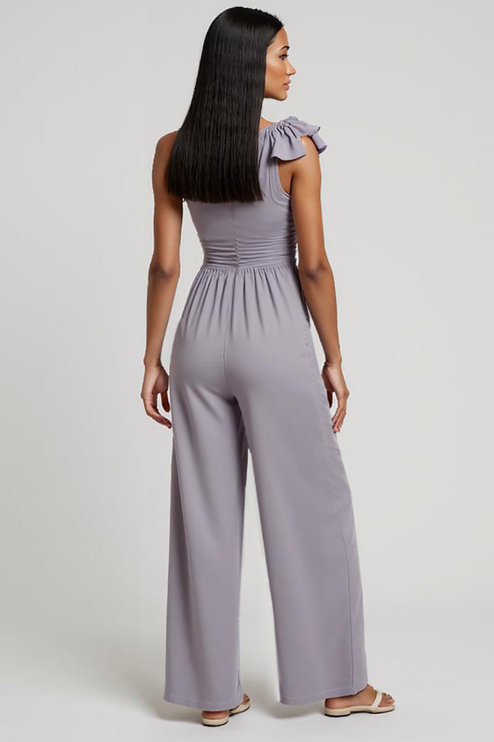 One Shoulder Grey Purple Work Jumpsuits with 3D Flowers