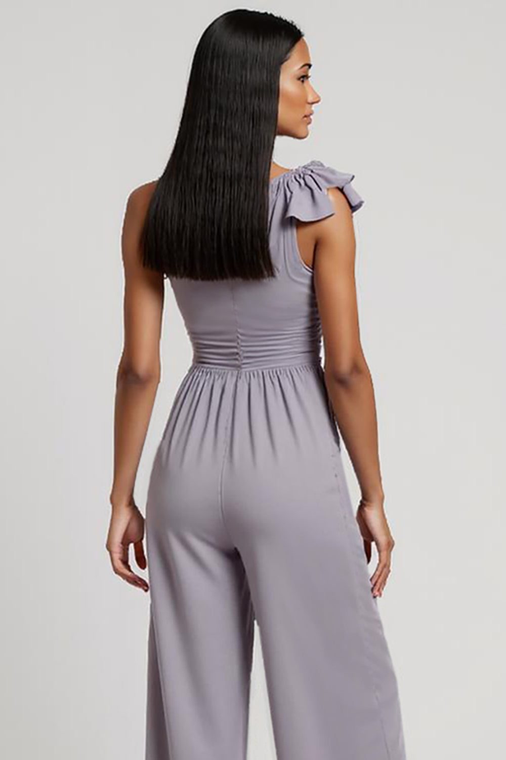 One Shoulder Grey Purple Work Jumpsuits with 3D Flowers