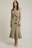 V-Neck Sheath Grey Green Work Dress with Sash