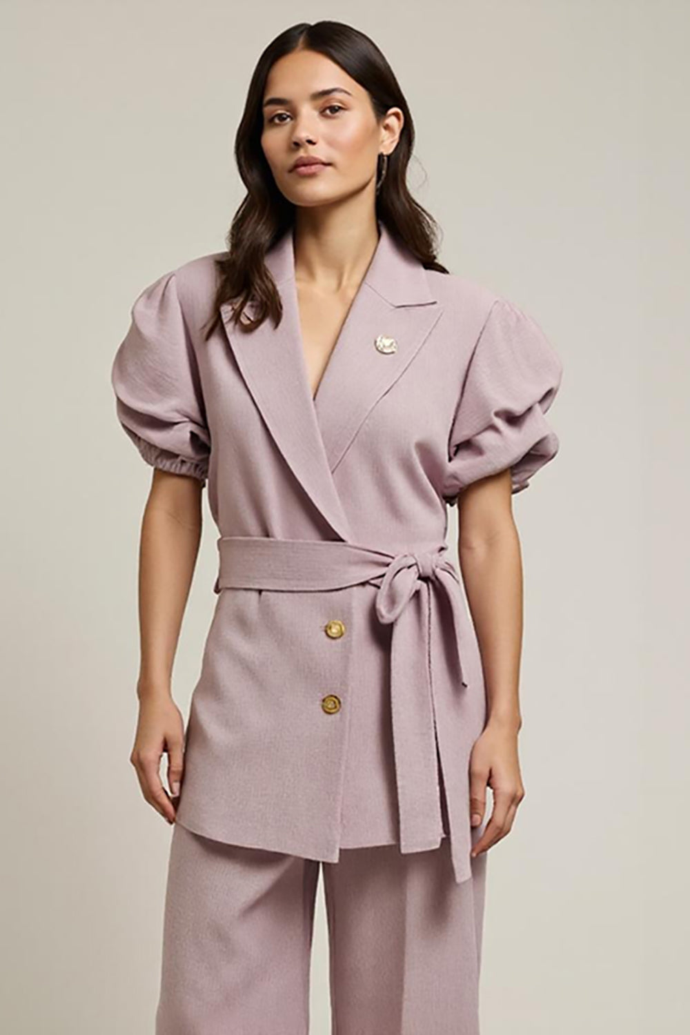 Grey Pink 2 Piece Peak Lapel Work Suit with Sash