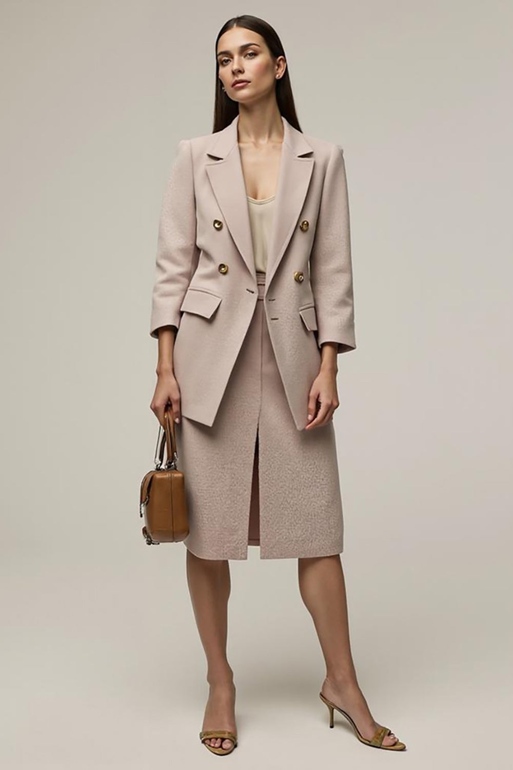 2 Piece Notched Lapel Gery Pink Work Dress with Slit