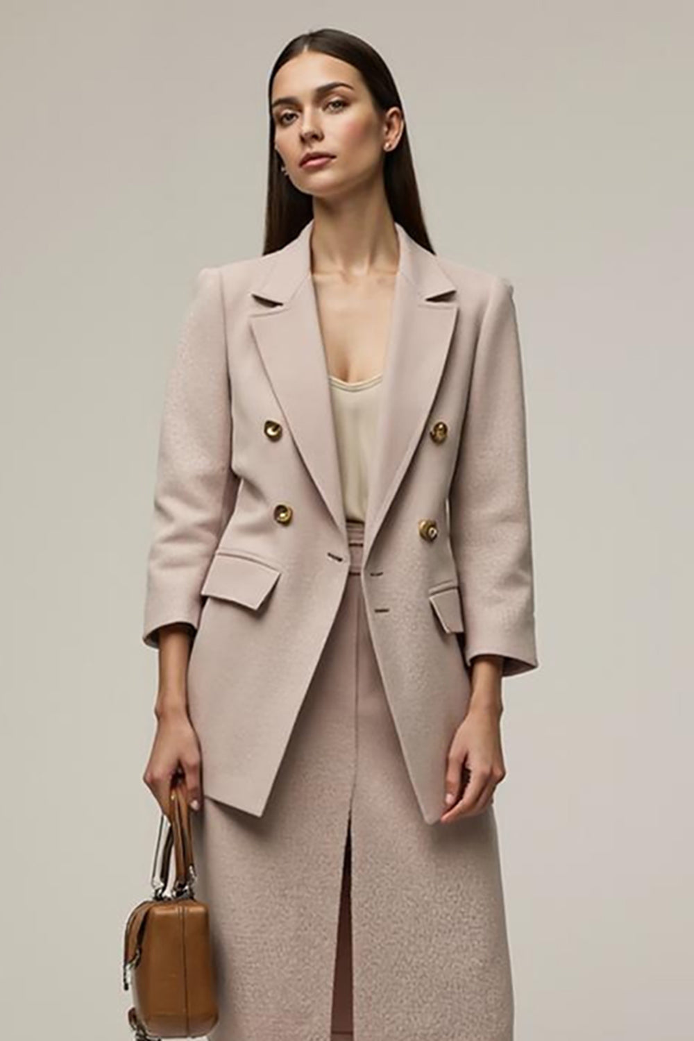 2 Piece Notched Lapel Gery Pink Work Dress with Slit