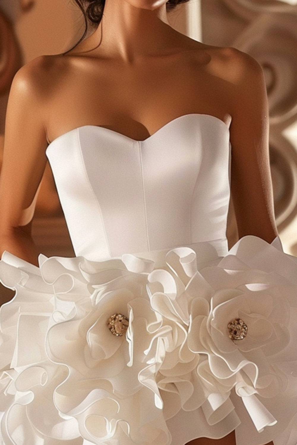 Ruffled Strapless White Homecoming Dress with 3D Flowers