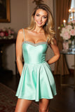 Green A Line Spaghetti Straps Satin Homecoming Dress