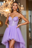 Purple Spaghetti Straps High Low Homecoming Dress with Beading