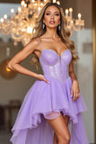 Purple Spaghetti Straps High Low Homecoming Dress with Beading